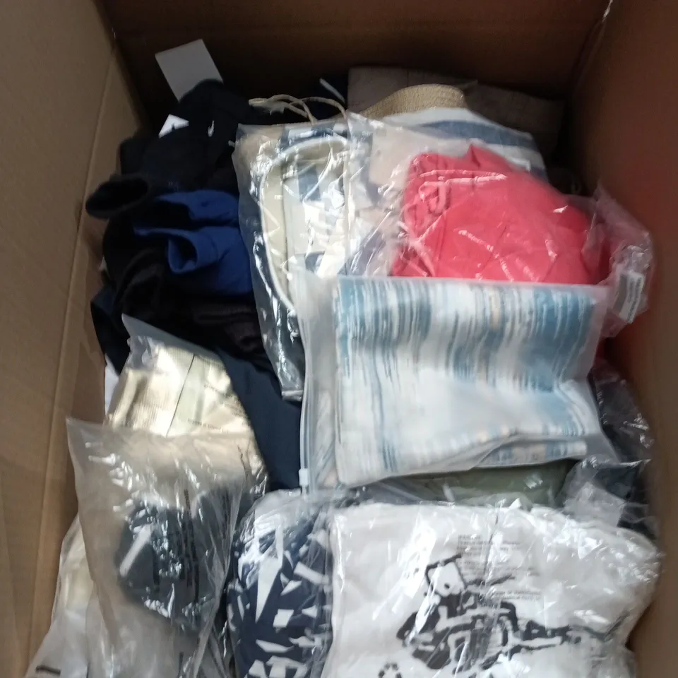 BOX OF APPROXIMATELY 25 ASSORTED CLOTHING ITEMS IN VARIOUS STYLES , COLOURS AND SIZES