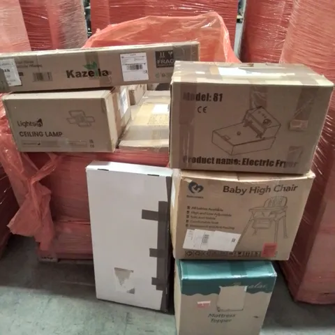 PALLET CONTAINING VARIOUS ASSORTED BOXED HOUSEHOLD ITEMS TO INCLUDE: MATTRESS TOPPER,  ELECTRIC FRYER, BABY HIGH CHAR, CEILING LIGHT  AND LOTS MORE UNMARKED BOXED ITEMS 