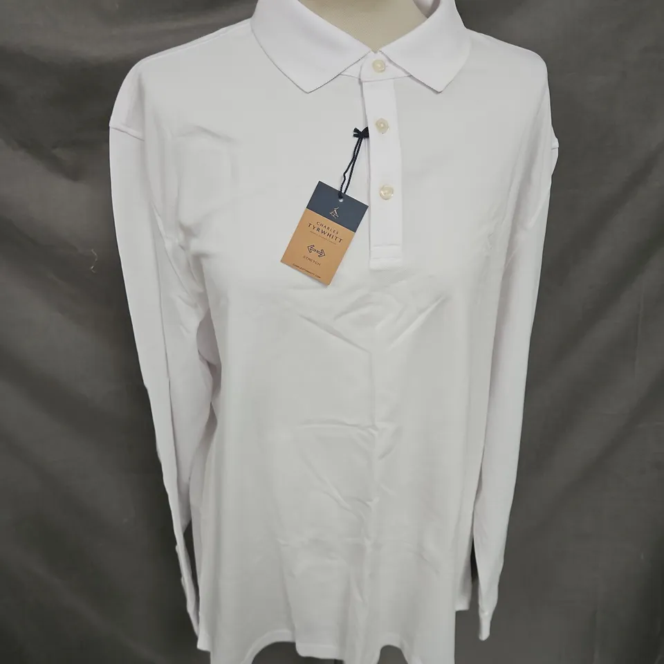 CHARLES TYRWHITT SOLID LONG SLEEVE PIQUE POLO IN WHITE SIZE XL
