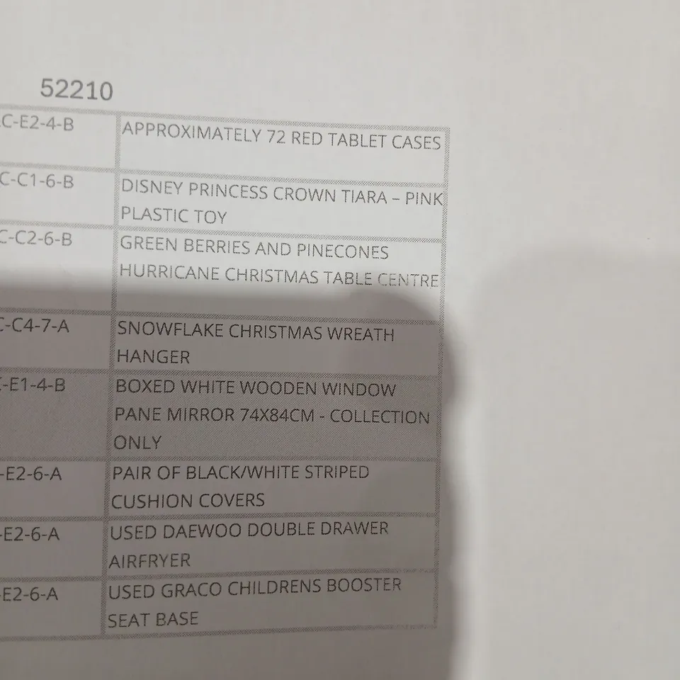 PALLET OF APPROXIMATELY 8 ASSORTED PRODUCTS TO INCLUDE; RED TABLET CASES, DISNEY CROWN TIARA, GREEN BERRIES AND PINECONES HURRICANE CHRISTMAS TABLE, SNOWFLAKE CHRISTMAS WREATH, WHITE WOODEN WINDOW PAN