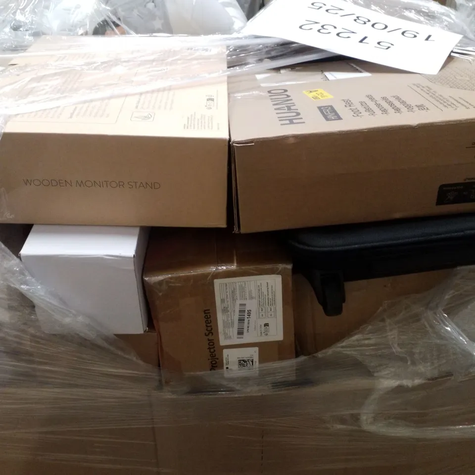 PALLET CONTAINING ASSORTED PRODUCTS INCLUDING PROJECTOR SCREENS, CAR COVERS, FOOT REST & WOODEN MONITOR STAND