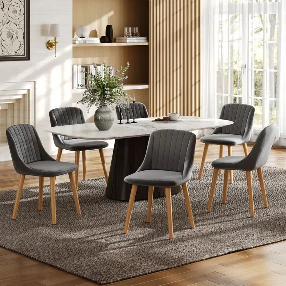 BOXED SET OF 6 48.5CM H UPHOLSTERED SIDE CHAIR WITH WOODEN LEGS - DARK GREY