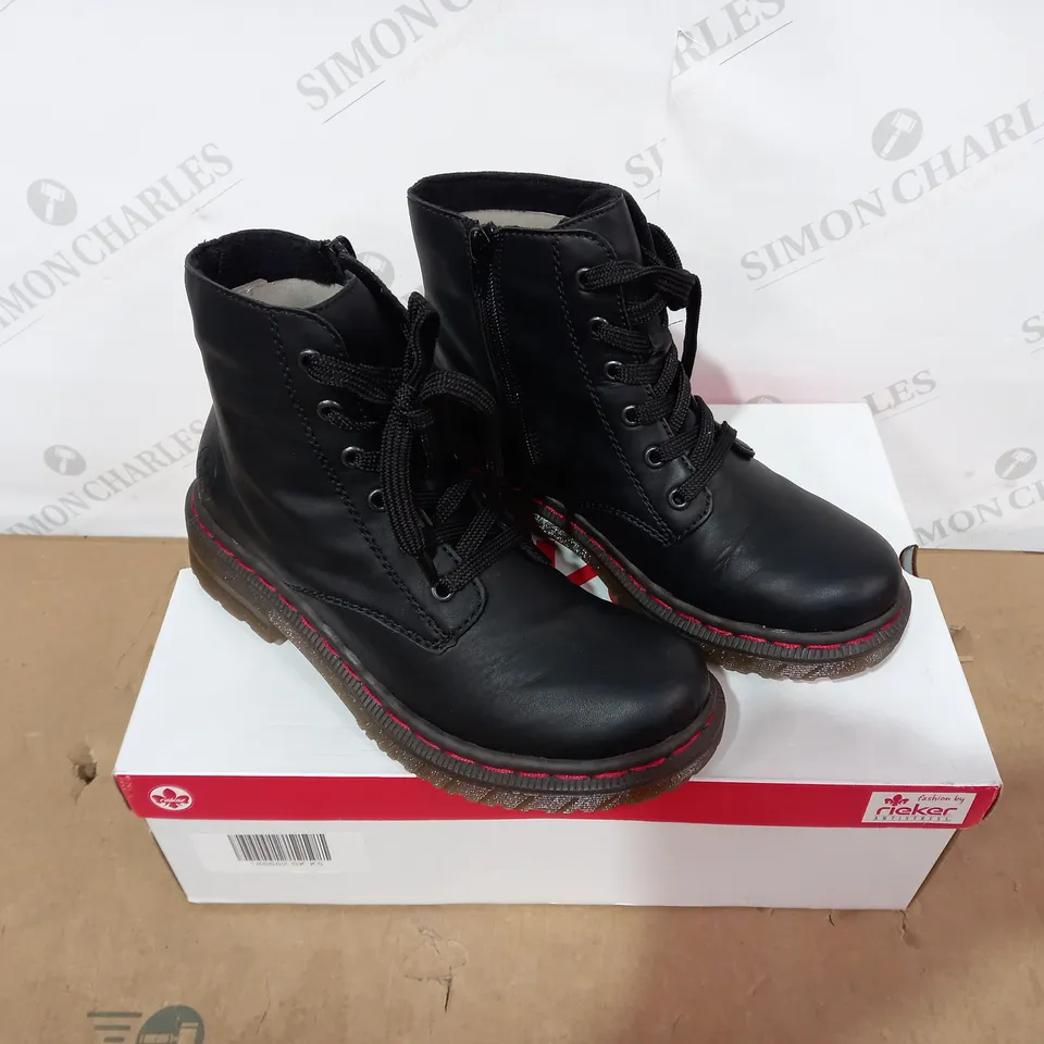 BOXED PAIR OF RIEKER BLACK BOOTS- SIZE 38
