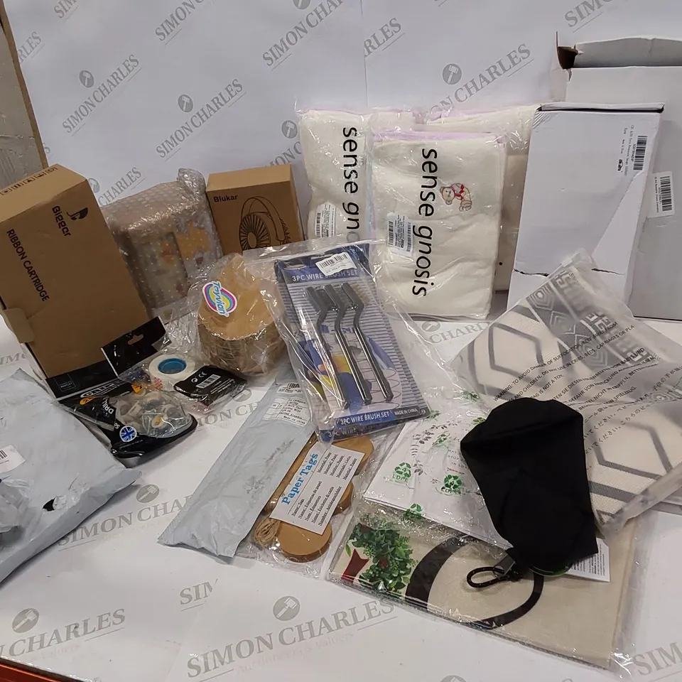 20 BRAND NEW ITEMS TO INCLUDE: MOTORBIKE COVER, PLASTERBOARD FIXINGS, RIBBON CARTRIDGE, DESK FAN, WINNIE THE POOH MUG, WIRE BRUSH SET, PAPER TAGS, CARD, CUSHION COVERS