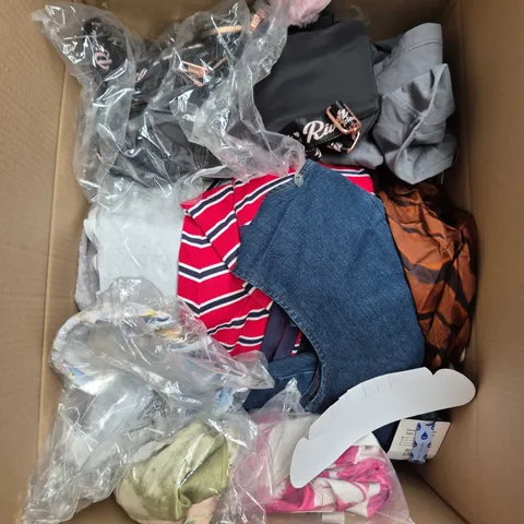 LARGE BOX OF APPROXIMATELY 25 ASSORTED CLOTHING ITEMS IN VARIOUS COLOURS, STYLES AND SIZES - COLLECTION ONLY