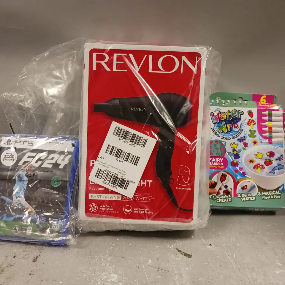 BOX OF APPROXIMATELY 5 ASSORTED ITEMS TO INCLUDE - REVLON HAIRDRYER , WATER ART , PS5 FC24 ETC
