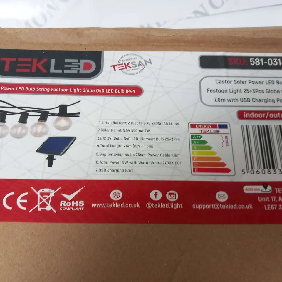BOXED TEK LED CASTOR SOLAR POWERED LED BULB STRING FESTOON LIGHT GLOBE G40 LED BULB IP44