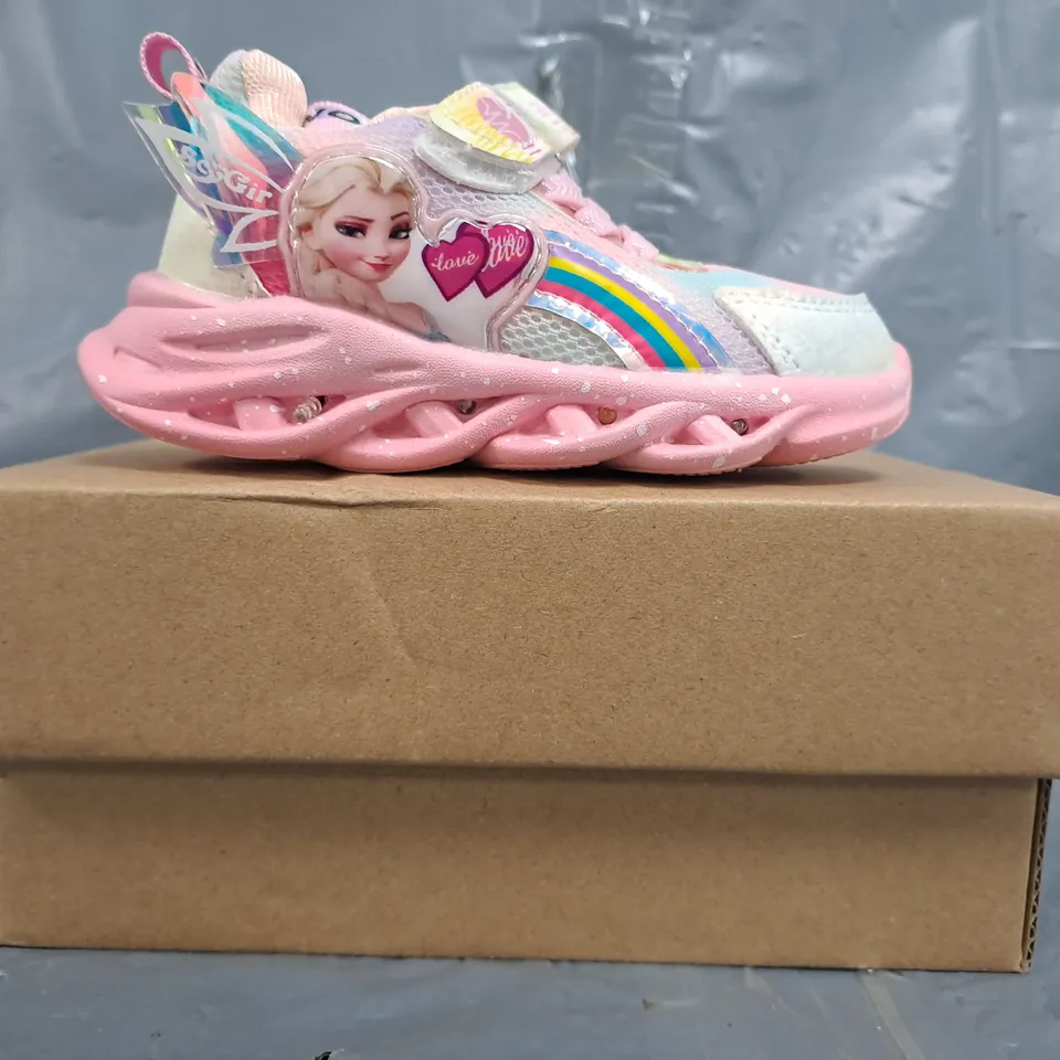 BOXED PAIR OF UNBRANDED KID'S LIGHT UP SHOES IN PASTEL MULTICOLOUR SIZE EU 21 W. STICKER PACK
