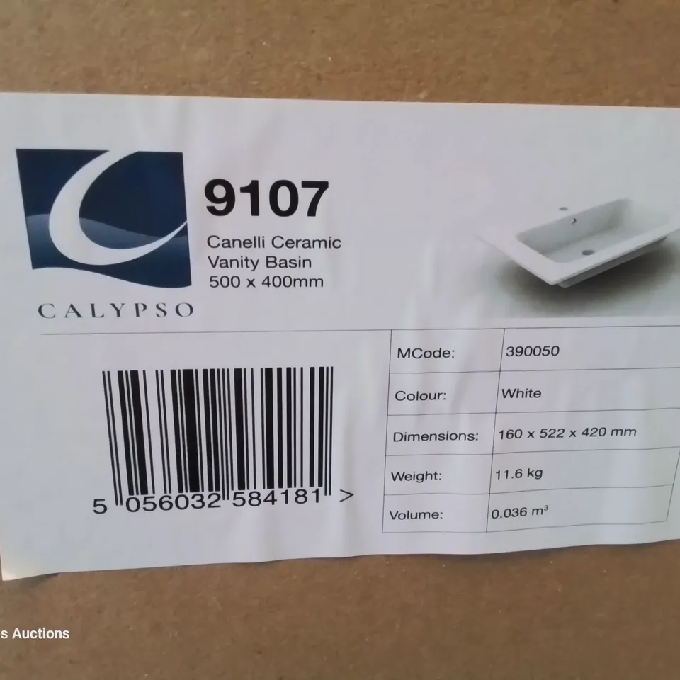 BOXED CANELLI CERAMIC SINGLE TAP VANITY BASIN WHITE 500 × 400mm