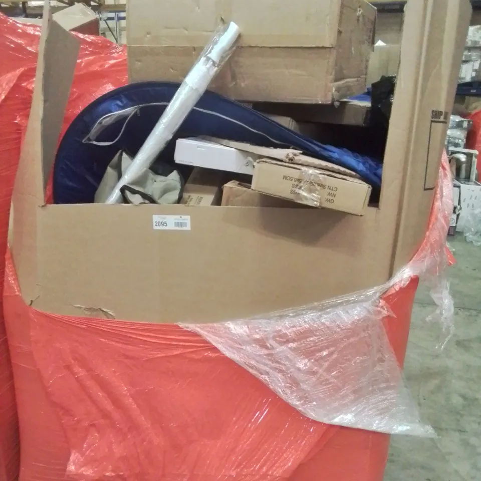 PALLET OF ASSORTED ITEMS TO INCLUDE, POP UP SUN SHADE, UMBRELLA, ELECTRIC BLANKET, PULL OUT KITCHEN MIXER TAP, TOILET SAFETY FRAME, TOILET SEAT, OFFICE CHAIR.