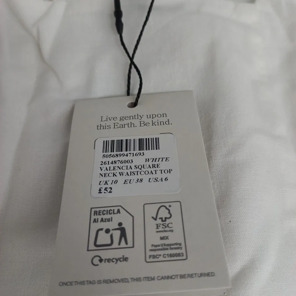 NOBODY'S CHILD WHITE VALENCIA SQUARE-NECK WAISTCOAT TOP, UK 10
