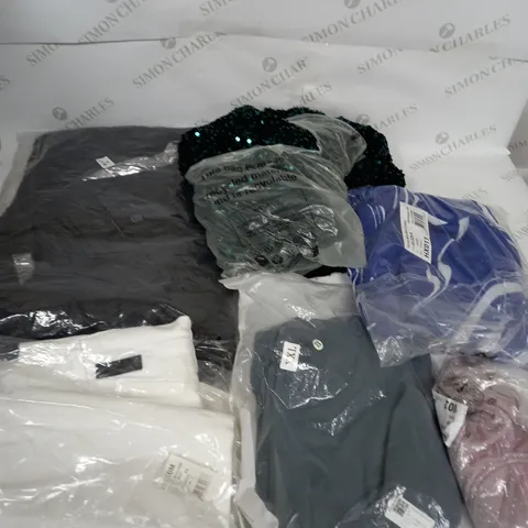 LARGE BOX OF ASSORTED CLOTHING ITEMS IN VARIOUS COLOURS AND SIZES INCLUDING TROUSERS , TOPS AND JUMPERS