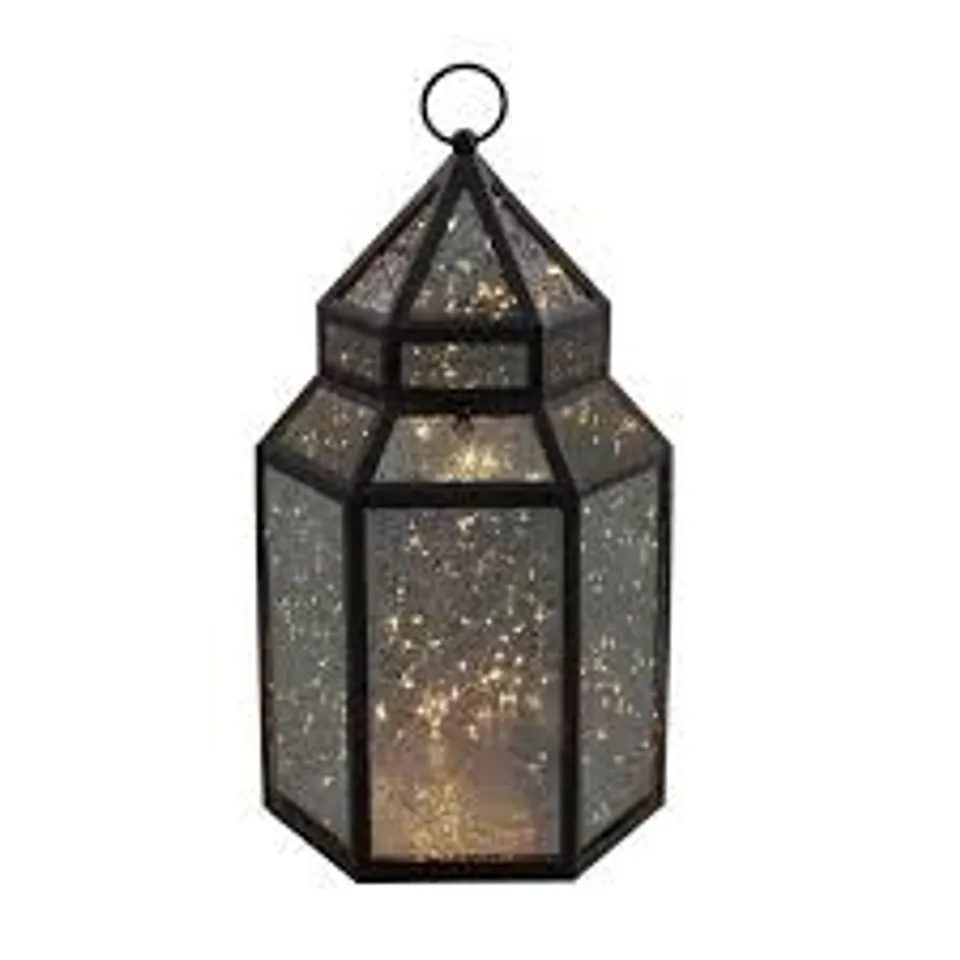 HOME STORIES MERCURY GLASS LARGE LANTERN WITH RICE LIGHTS