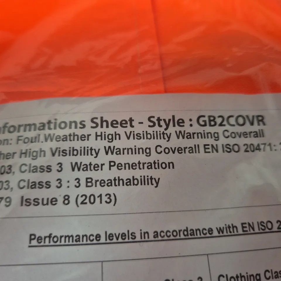 GORE-TEX HI-VIS ORANGE COVERALL, UK SIZE M – STYLE GB2COVR (EN ISO 20471:2013 CLASS 3)