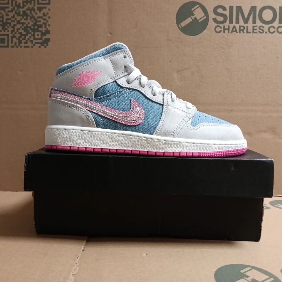 BOXED PAIR OF NIKE AIR JORDAN 1 MID SHOES IN DENIM/GREY/PINK GLITTER SIZE UK 4