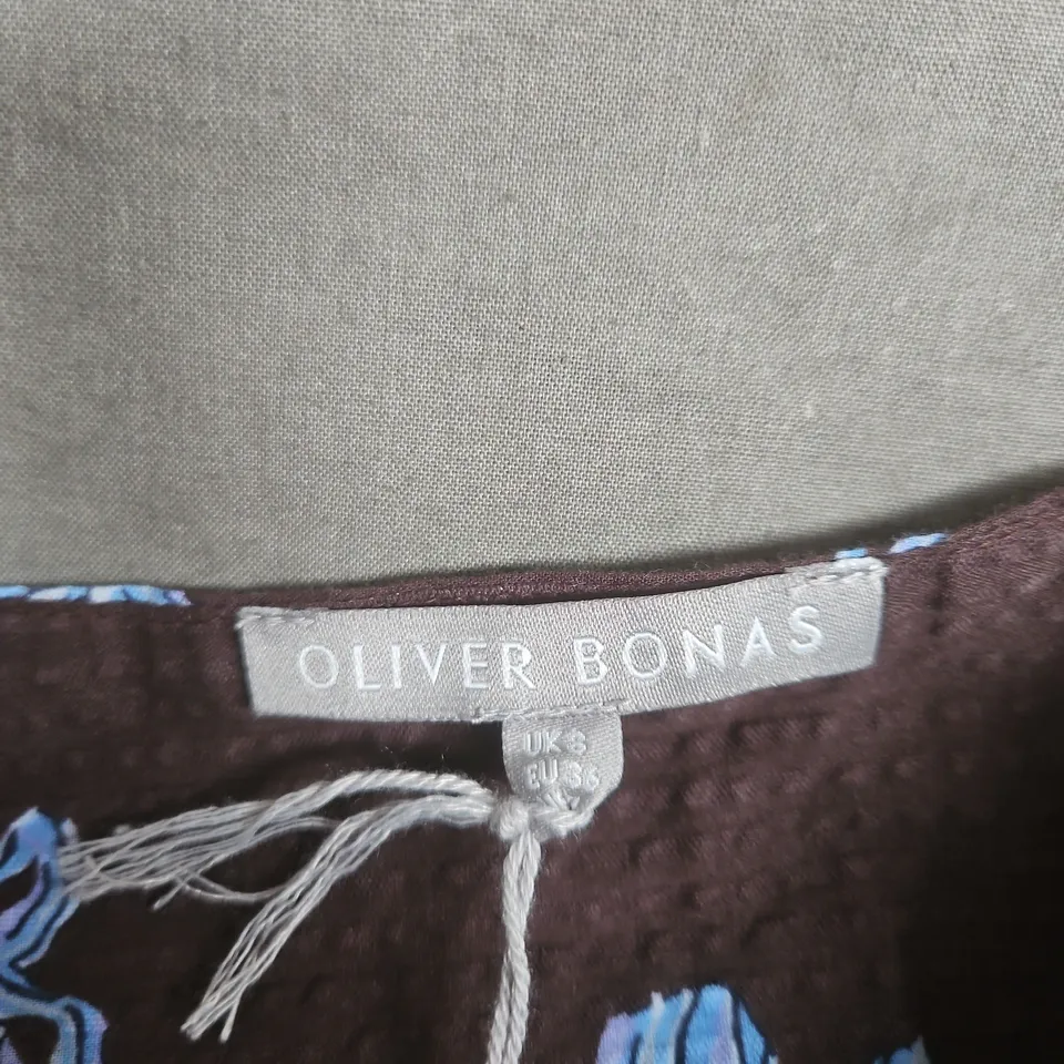 UK 8 OLIVER BONAS WOMEN'S DRESS – BROWN WITH BLUE FLORAL PRINT