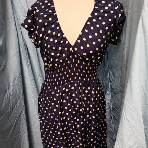 BLUE VANILLA SPOT ELASTIC NECK MIDI DRESS - NAVY, UK M/L