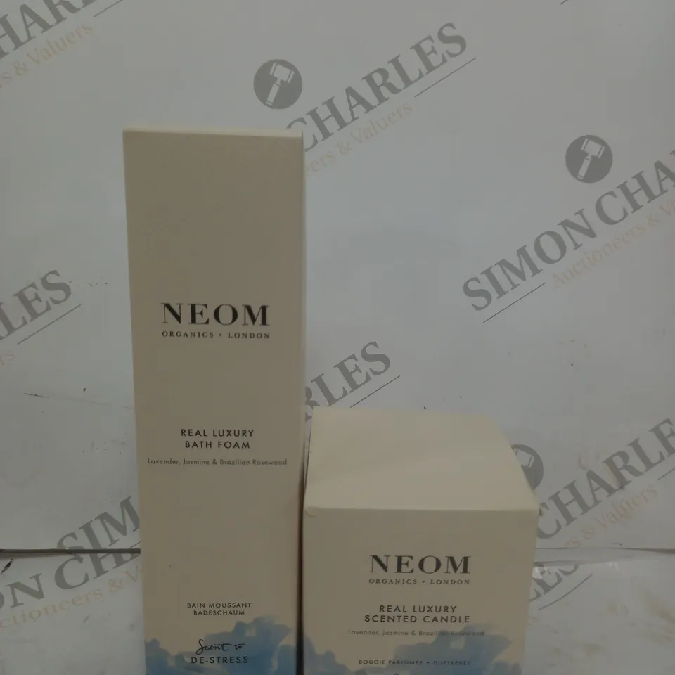 SET OF 2 ASSORTED NEOM ITEMS TO ITEMS - REAL LUXURY SCENTED CANDLE - REAL LUXURY BATH FOAM 