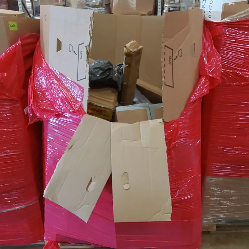 PALLET OF ASSORTED HOUSEHOLD ITEMS AND CONSUMER PRODUCTS TO INCLUDE; TV WALL MOUNT, RECORD PLAYER SOUND SYSTEM, BLADELESS PURIFIER & HEATER FAN, FOOT SIMULATOR ETC