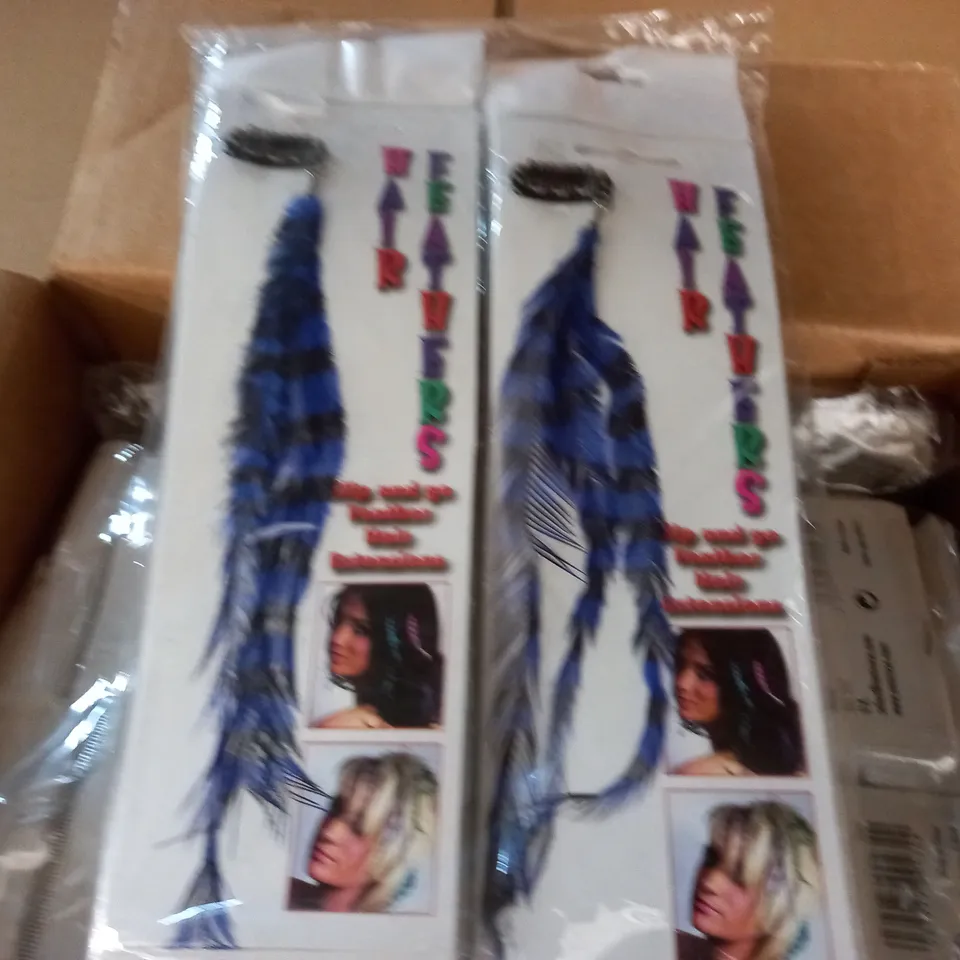 LOT OF APPROXIMATELY 255 CLIP AND GO FEATHER HAIR EXTENSIONS - LIGHT BLUE