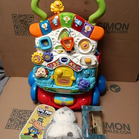 APPROXIMATELY 20 ASSORTED TOYS, GAMES, GIFTS AND NOVELTIES TO INCLUDE VTECH FIRST STEPS BABY WALKER, CORGI EDDIE STOBART RELIANT REGAL VAN, DOG MAN HOT DOG CARD GAME, ETC - COLLECTION ONLY