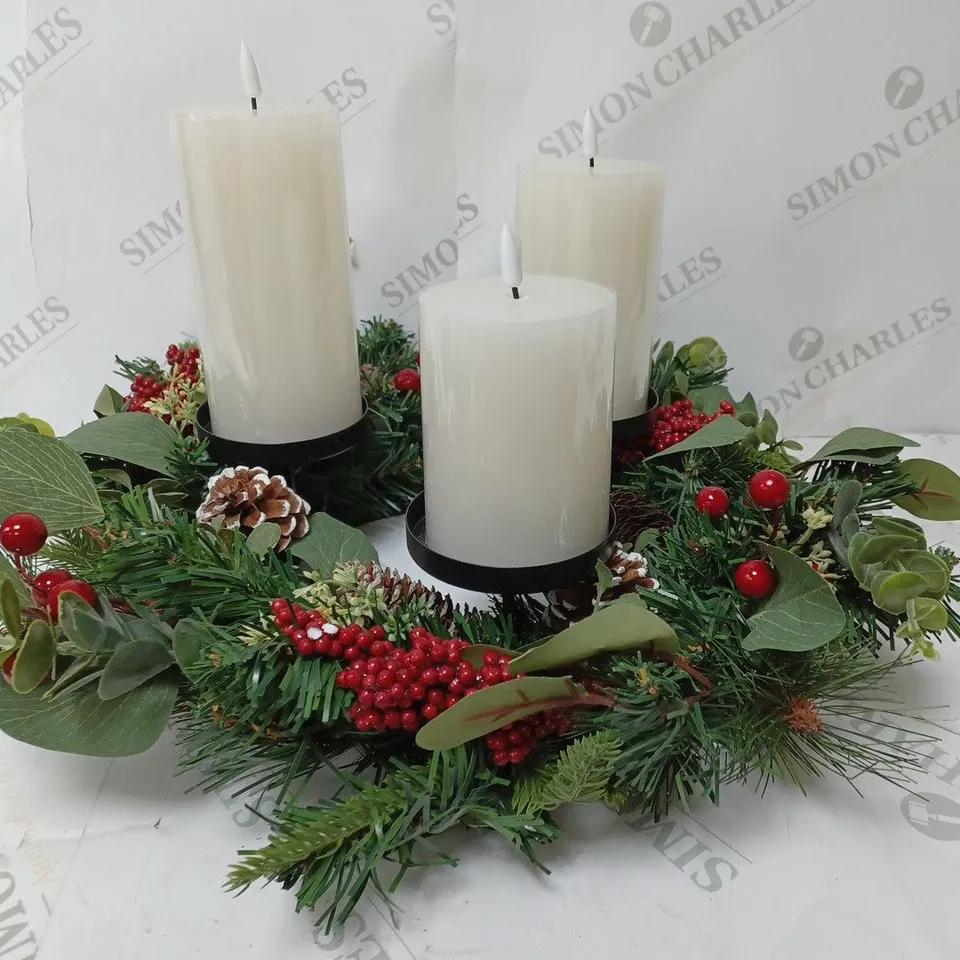 HOME REFLECTIONS 3 IN 1 FLAMELESS CANDLE WITH WREATH SET RED BERRY