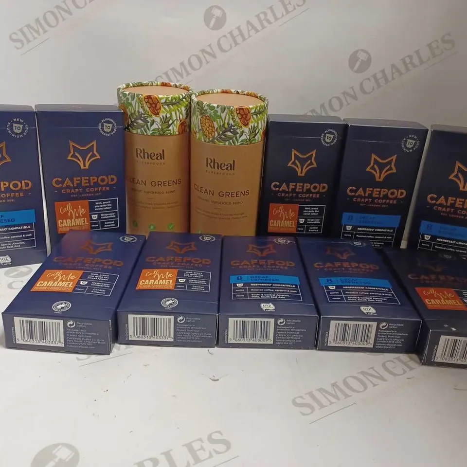 LOT OF 12 ITEMS TO INCLUDE 2 RHEAL SUPERFOODS ORGANIC SUPERFOOD BLEND (CLEAN GREEN), 5 CAFEPOD CRAFT COFFEE ('CALL ME CARAMEL'), 5 CAFEPOD CRAFT COFFEE ('DECAF ESPRESSO')