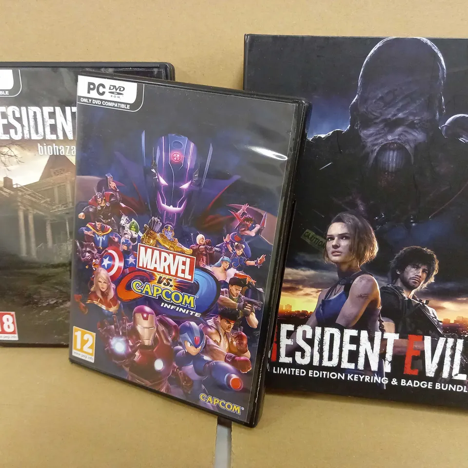 LOT OF 3 ITEMS INCLUDING RESIDENT EVIL 3 LIMITED EDITION KEYRING & BADGE BUNDLE, MARVEL VS CAPCOM AND RESIDENT EVIL VIII BIOHAZARD GAMES