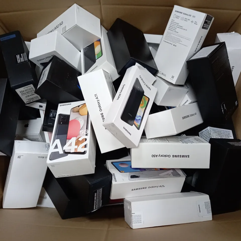 APPROXIMATELY 50 ASSORTED EMPTY PHONE BOXES FROM BRANDS SUCH AS APPLE & SAMSUNG, ETC