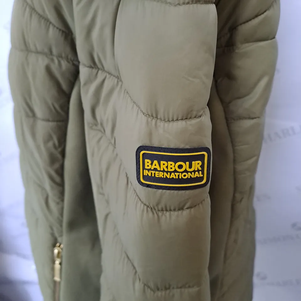 BARBOUR INTERNATIONAL FIBRE DOWN JACKET IN KHAKI SIZE 18