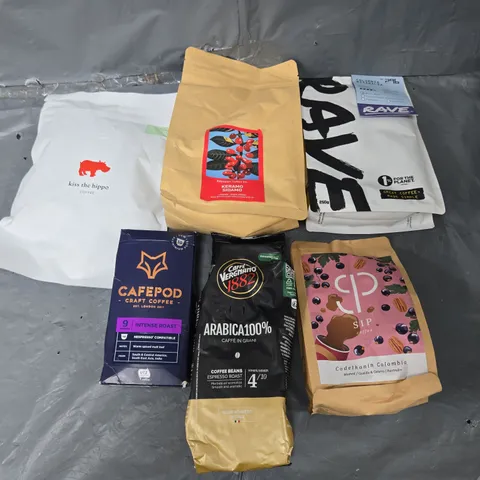 APPROXIMATELY 6 ASSORTED COFFEE PRODUCTS TO INCLUDE CAFEPOD, KISS THE HIPPO, AND RAVE ETC.