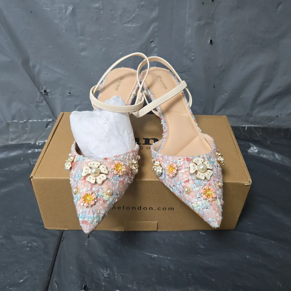 BOXED PAIR OF DUNE LONDON DIANA FLORAL HEELS IN MULTI - UK 6