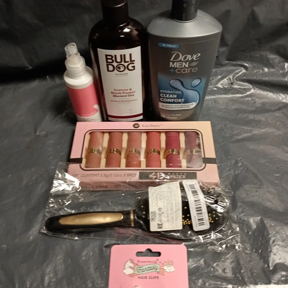 APPROXIMATEY 20 ASSORTED HEALTH AND BEAUTY PRODUCTS TO INCLUDE - DOVE MEN +CARE BODY WASH - BULLDOG SHOWER GEL AND FANTASY HAIR CLIPS