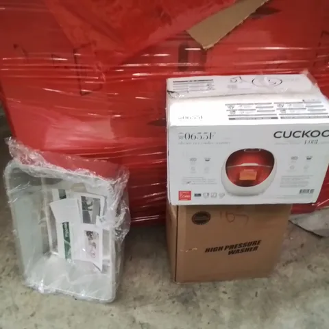 PALLET OF ASSORTED HOUSEHOLD GOODS AND PRODUCTS TO INCLUDE;CAT LITTER TRAY,HIGH PRESSURE WASHER,RICE COOKER 