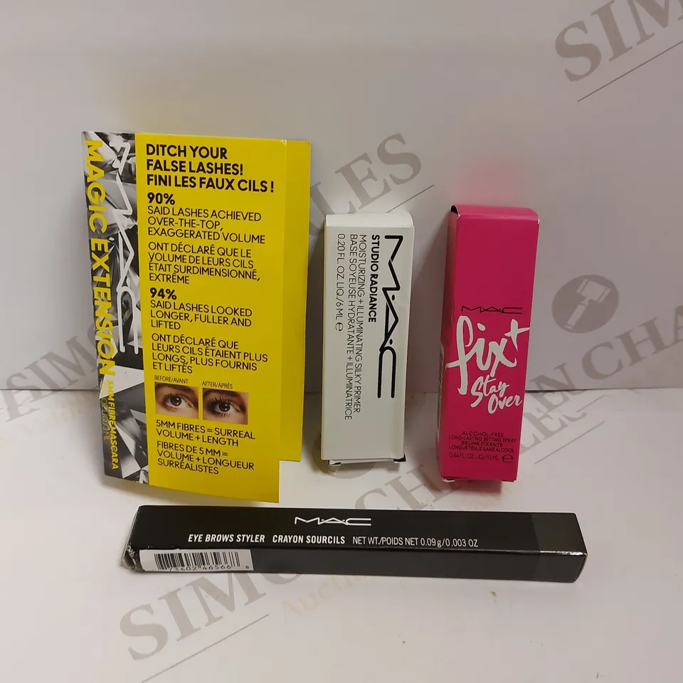 BOX OF 4 M.A.C ITEMS TO INCLUDE SILKY PRIMER, SETTING SPRAY AND EYE BROW STYLER
