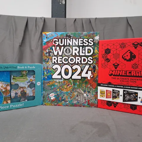 BOX OF APPROXIMATELY 10 ASSORTED BOOKS TO INCLUDE DISNEY FROZEN BOOK & PUZZLE, GUINNESS WORLD RECORDS 2024, MINECRAFT THE ULTIMATE INVENTOR'S COLLECTION, ETC