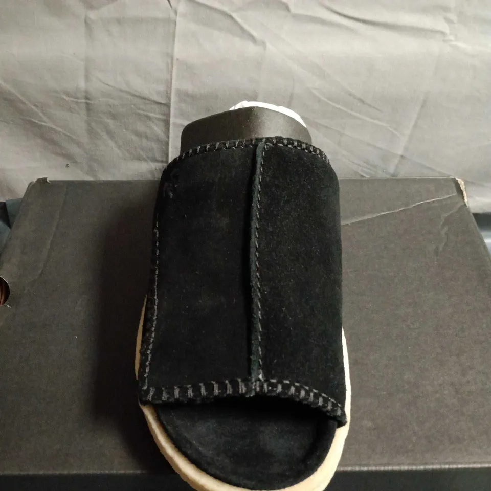BOXED PAIR OF CLARKS BLACK SUEDE SLIDE SANDAL  - UK SIZE 6