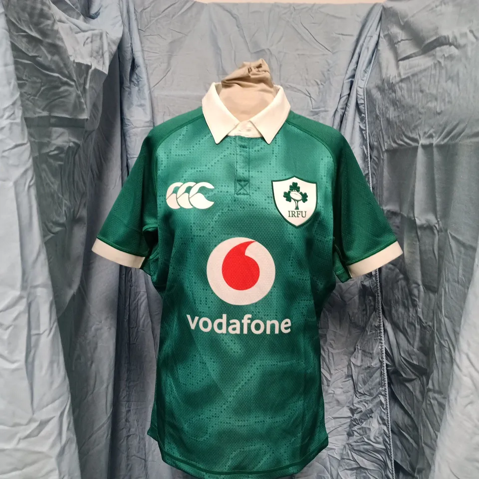 IRELAND RUGBY HOME TEST JERSEY BY CANTERBURY CCC – GREEN/WHITE, VODAFONE SPONSOR, SIZE M (MEN)