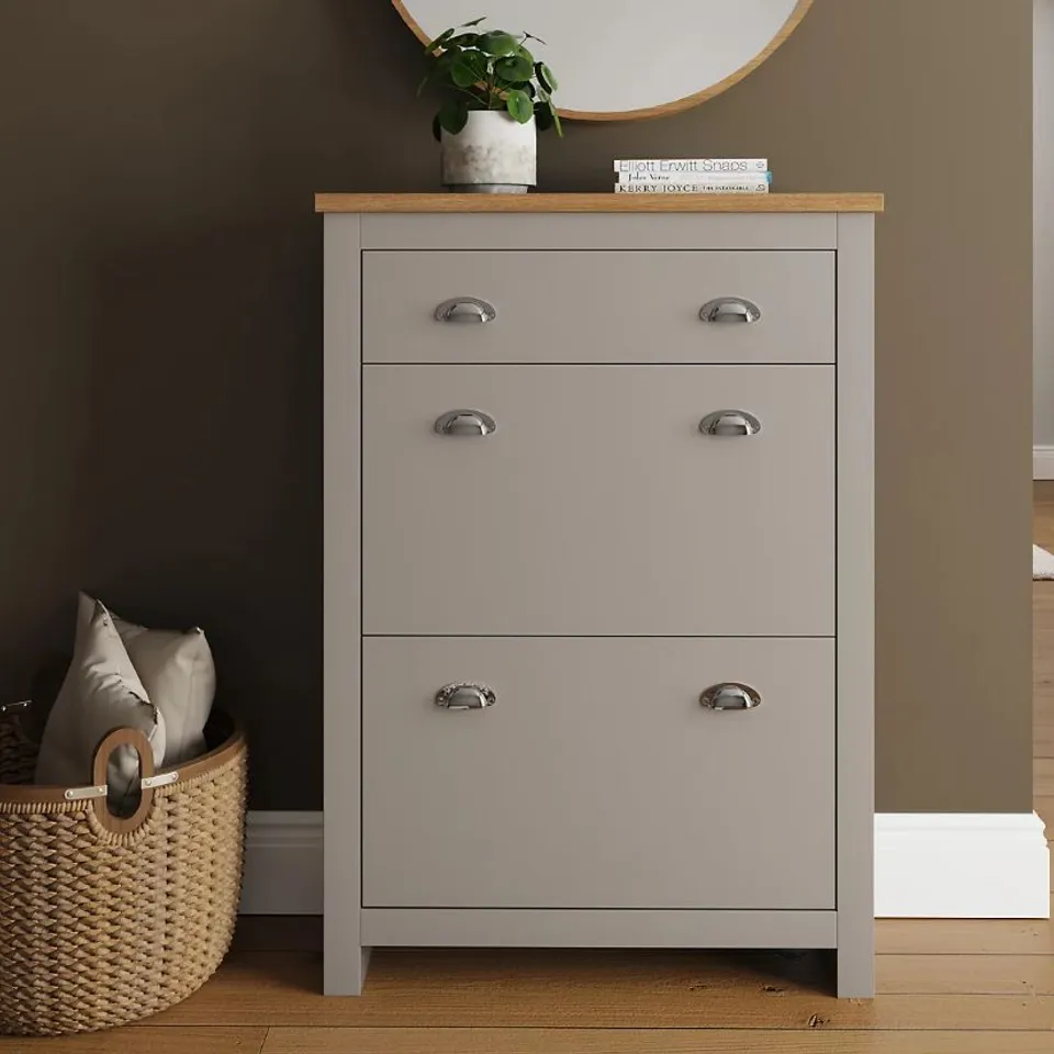 BOXED GFW LANCASTER 2 DOOR 1 DRAWER SHOE CABINET GREY