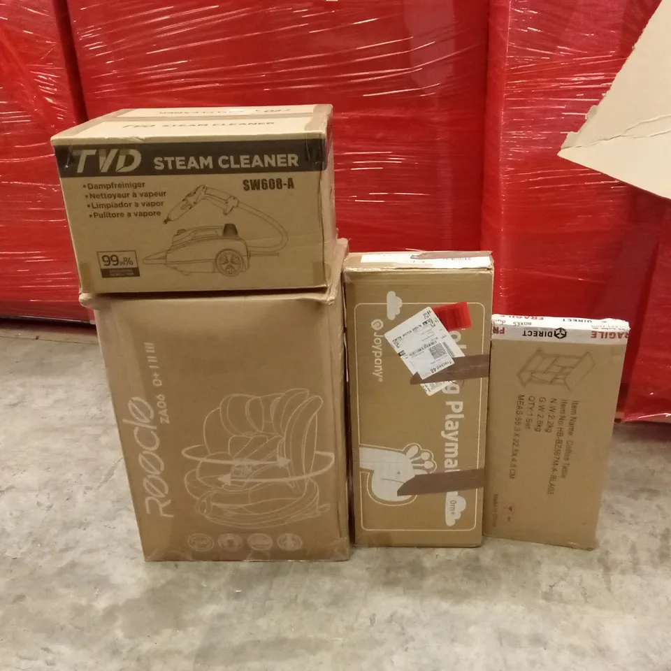 PALLET OF ASSORTED HOUSEHOLD GOODS AND PRODUCTS TO INCLUDE; SIDE TABLE, BABY PLAYPEN, BABY CAR SEAT, STEAM CLEANER ETC