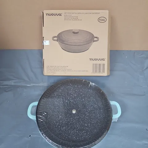 SEALED NUOVVA CAST ALUMINUM SHALLOW CASSEROLE WITH LID – 28 CM, TEAL