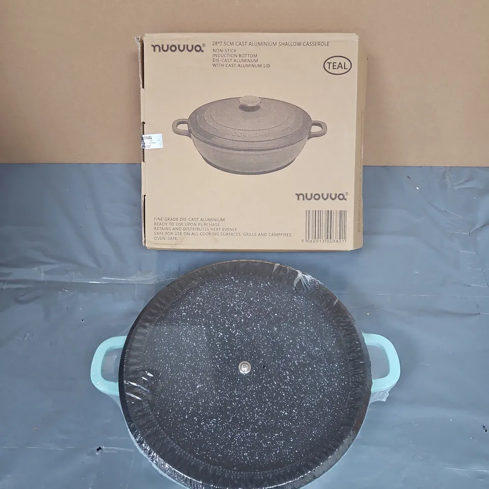 SEALED NUOVVA CAST ALUMINUM SHALLOW CASSEROLE WITH LID – 28 CM, TEAL