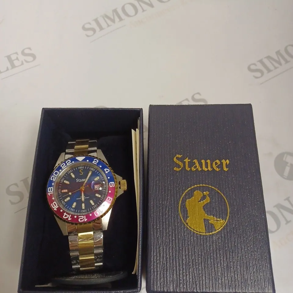 BOXED STAUER GENTS TIGER SHARK DIVE WATCH STAINLESS STEEL - RED & BLUE