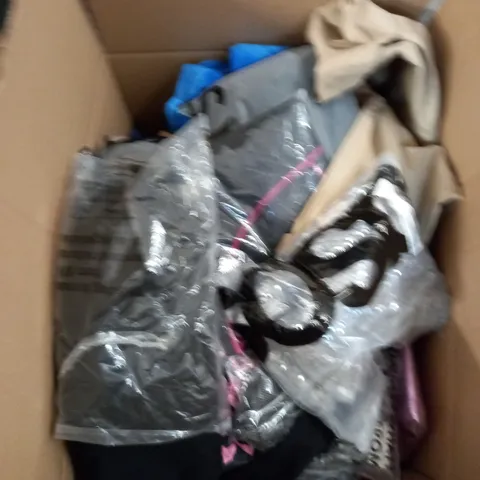 BOX OF ASSORTED CLOTHING ITEMS TOO INCLUDE JUMPERS, SHIRTS AND TROUSERS IN VARIOUS SIZES AND COLOURS   