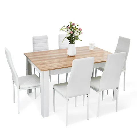 BOXED OAK DINING TABLE SET W/ 6 WHITE FAUX LEATHER CHAIRS 138*90CM KITCHEN FURNITURE (1 BOX)