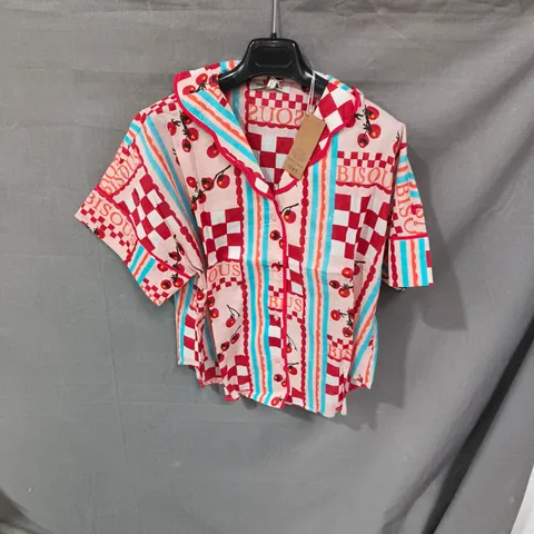 WOMEN'S PRINTED SHIRT – PINK WITH CHERRY MOTIF AND RED/BLUE STRIPES SMALL