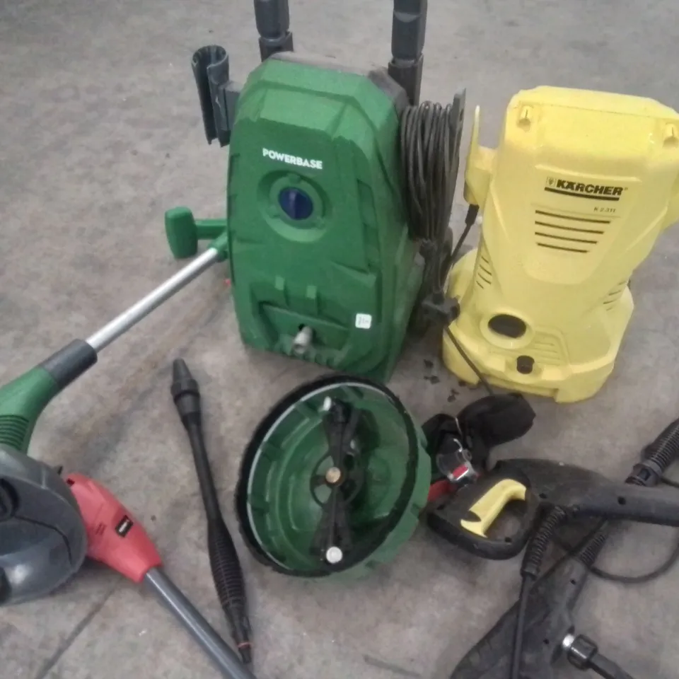 LOT OF ASSORTED GARDEN CARE TOOLS INCLUDES FLYMO HEDGE TRIMMERS, GRASS CUTTERS, PRESSURE WASHERS AND POLE TRIMMER