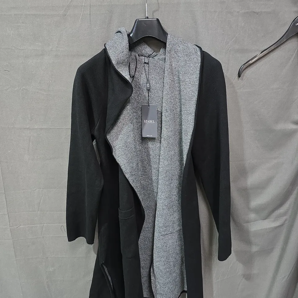 IZABEL LONDON DETAILED KNIT LONGLINE CARDIGAN, GREY/BLACK, UK 14