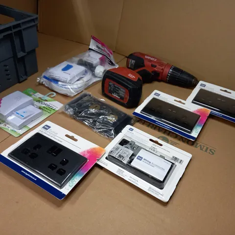 LOT OF APPROX 15 ASSORTED DIY RELATED ITEMS TO INCLUDE: DOOR BELL REMOTE CONTROL, BLACK DOUBLE SWITCH POWER SOCKET, SURE STOP