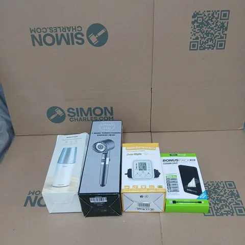 BOX OF APPROXIMATELY 20 ASSORTED HOUSEHOLD ITEMS TO INCLUDE LATHAM AND HALL SHOWER HEAD, ELECTRONIC BLOOD PRESSURE MONITOR, TECH CHARGE BONUS PACK 5000 POWER BANK ETC